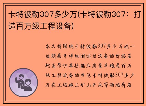 卡特彼勒307多少万(卡特彼勒307：打造百万级工程设备)